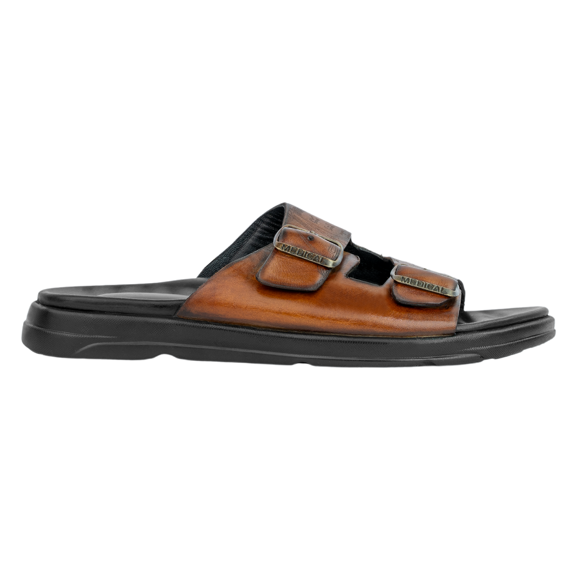 Path: Sandales Homme - Cuir Cognac Gravé