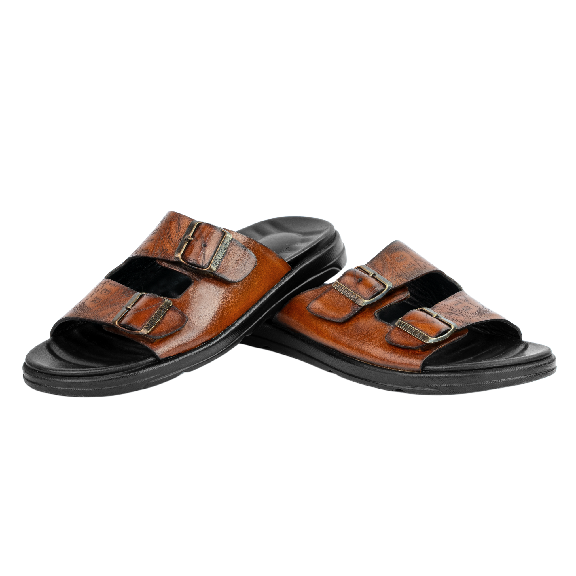 Path: Sandales Homme - Cuir Cognac Gravé