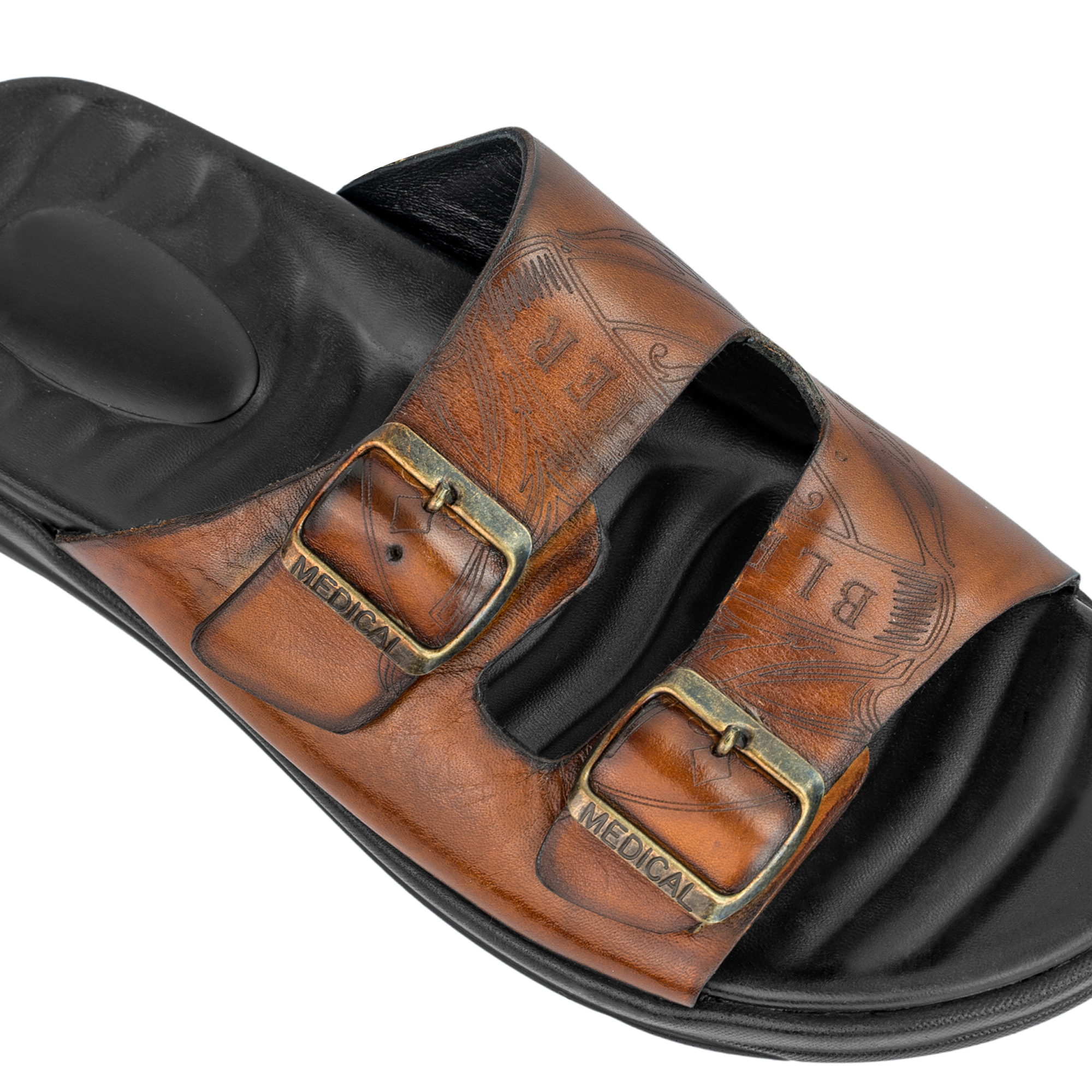 Path: Sandales Homme - Cuir Cognac Gravé