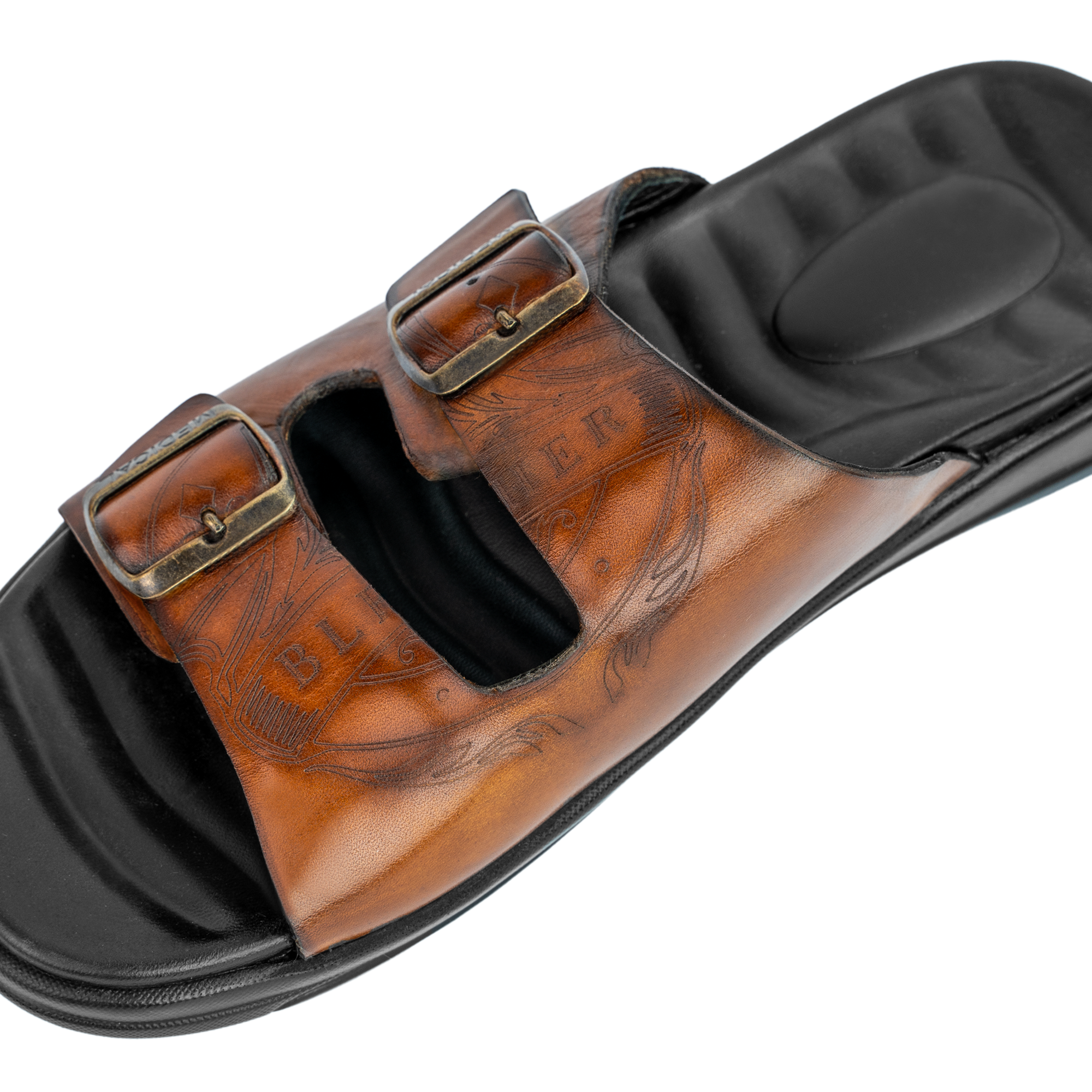 Path: Sandales Homme - Cuir Cognac Gravé