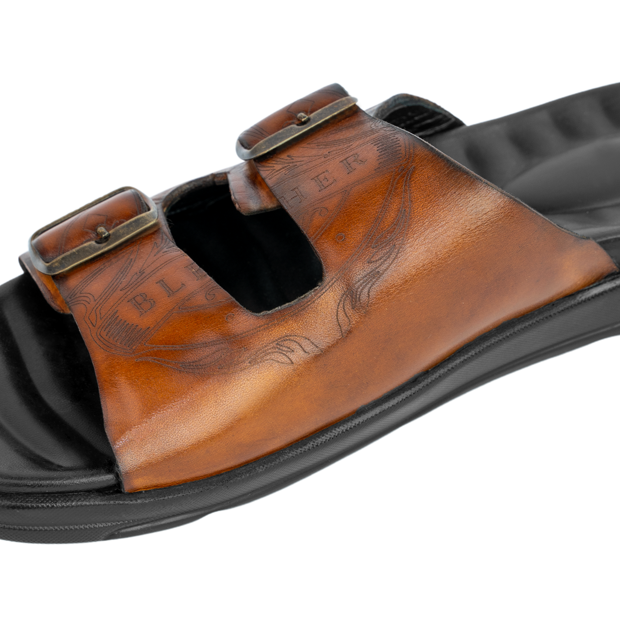 Path: Sandales Homme - Cuir Cognac Gravé