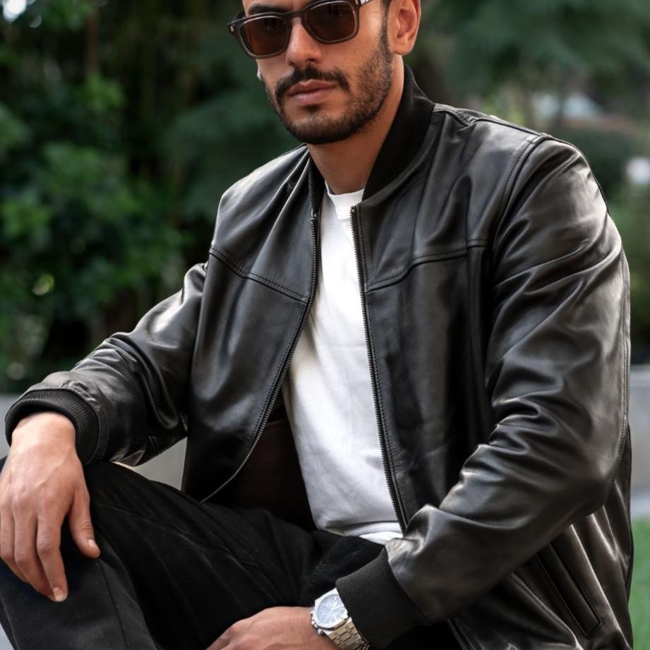 Bomber: Veste Hommes - Cuir Noir