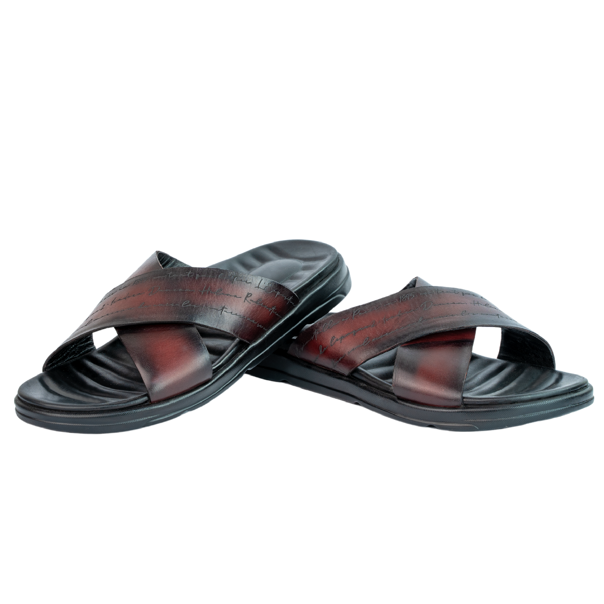 Opulent: Sandales Homme - Cuir Bordeaux Gravé