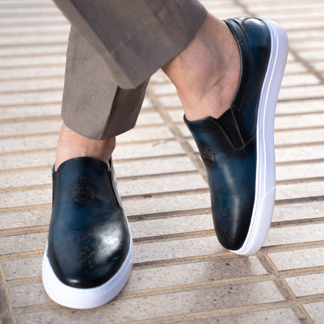 Lurgan: Sneakers Homme - Cuir Bleu Gravé