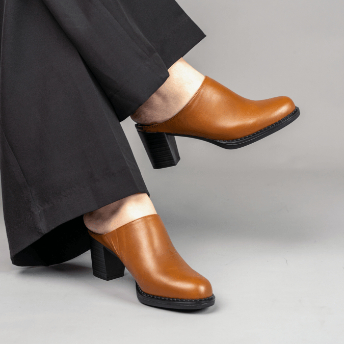 Paola: Mules à talons Femmes - Cuir Caramel - Bleather Maroc